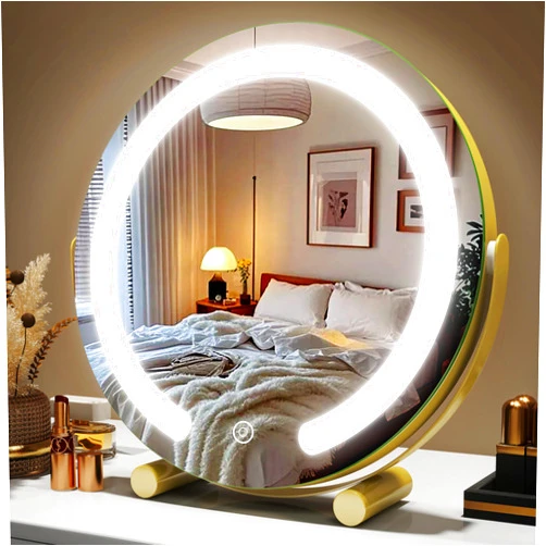 ROLOVE Gold Vanity Mirror with Lights, 12 Inch 3-Color Dimmable Smart Touch Makeup Mirror for Desk, 360° Rotation Tabletop Lighted Mirror for Bedroom, Dressing Room & Daily Grooming