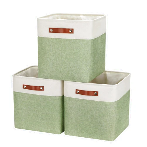 HNZIGE Cube Storage Baskets for Shelves Foldable Storage cubes Baskets(3 Pack) Cube Storage Bin,13 Inch Storage Basket for Organizing with Leather Handles for Toys, Clothes, Kids (White&Green)