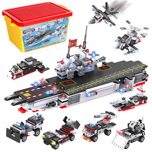 Liberty Imports 825pc Military Aircraft Carrier Fleet Construction Toy - 8-in-1 Naval Battleship Models with Navy Vehicles, Jets & More - Compatible with Lego Bricks - Storage Case Included
