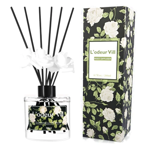 L'odeur Vill Reed Diffuser Set, 6.7 oz Lemongrass & Basil Scented Diffuser with 6 Sticks, Reed Diffuser with 3 Artificial Rose Home Fragrance for Bathroom Shelf Decor