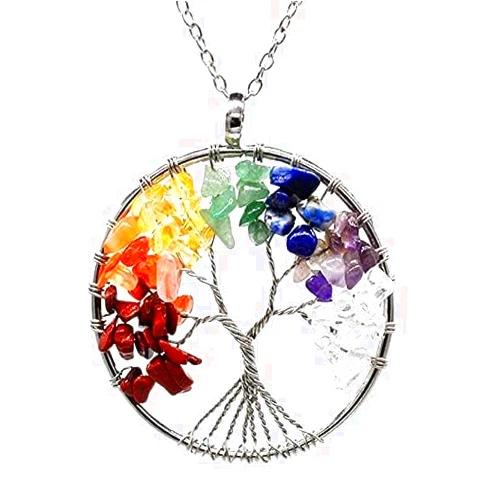 LJFFJL 7 Chakra Quartz Natural Stone Tree of Life Pendulum Pendant Necklace for Women Healing Crystal Necklaces Pendants Reiki, LJFFJL-3006 (Metal Color : Light Yellow Gold Color)