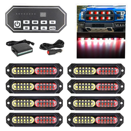 OPP ULITE White Red Led Grille Strobe Lights with 9 Key Switch, 20-Flashing Mode Surface Mount 12-LED Mini Warning Grill Light Bar for Construction Tow Trucks Van Utility Vehicle, 8pcs Pack