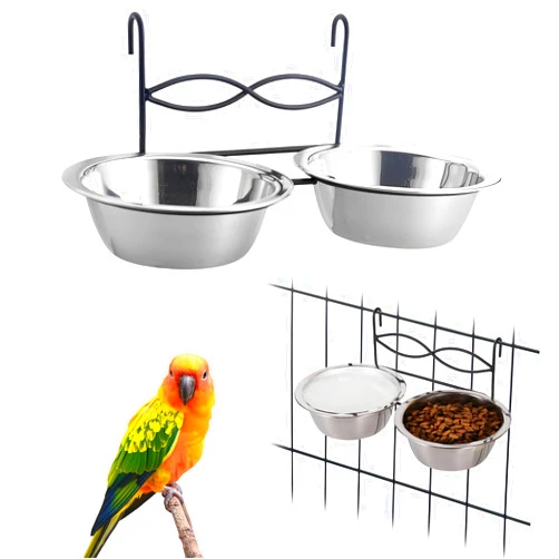 kathson Hanging Bird Bowls for Cage, 2 PCS Stainless Steel Metal Pet Food Water Dishes with Holder Feeder Cage Coop Hook Feeder Cups for Birds, Parrots, Small Sized Dogs and Cats (4.3 Inch Dia)