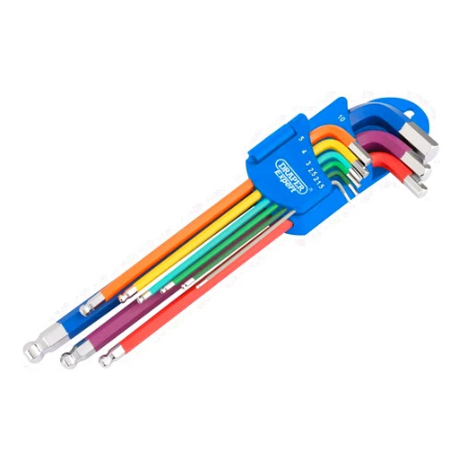 Draper 66134 Metric Coloured Extra Long Hexagon and Ball End Key 9 Keys Set