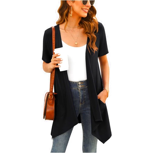 Veryoung Floral Short Sleeve Cardigans for Women Casual Drape Open Front Lightweight Summer Cardigan with Pocket High Low Hem