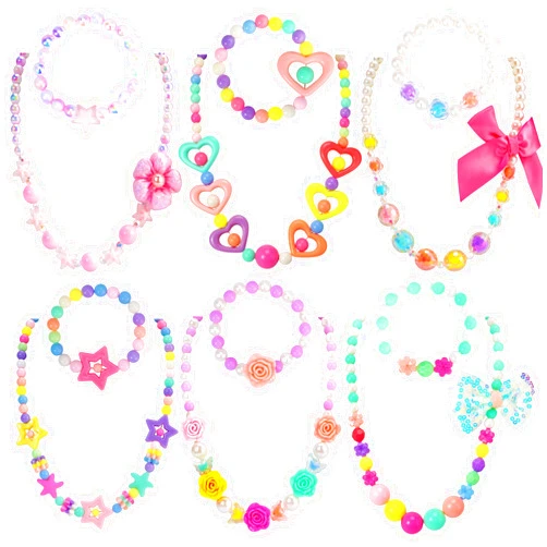 PinkSheep Kids Classic Jewelry, 6 Sets of Beaded Necklaces and Bracelets for Girls, Favors Bags for Toddlers (Classic)