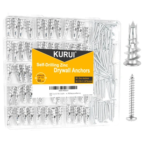 KURUI #6 Zinc Self-Drilling Drywall Anchors, 116PCs Hollow Metal Wall Anchors and Screws Kit, 58 Heavy Duty Sheetrock Anchors + 58#6 x 1-1/4'' Screws, 50LB Hanging and Mounting