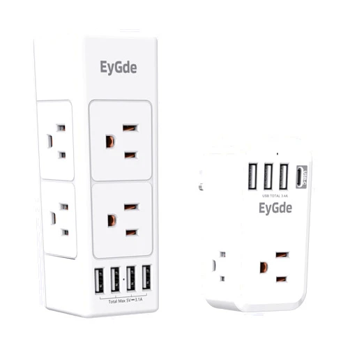 EyGde 2 Prong Power Strip with Rotating Plug, EyGde Multi Plug Outlet Extender+European Travel Plug Adapter, EyGde International Travel Power Adater 3 American Outlets with 1 USB Type C and 3 USB