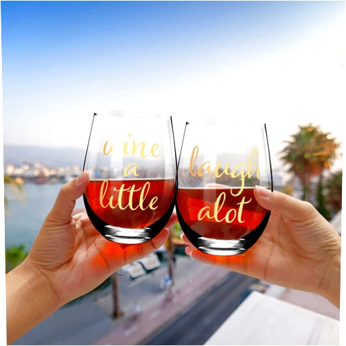 TopSelect Crystal Wine Glasses, 2 pcs, 19.3 oz, Stemless, Wedding Ring, for Red & White Wine, Engagement Gifts for Couples, Newlyweds,Wedding Gifts for couples, Married Gifts (Laugh a lot)