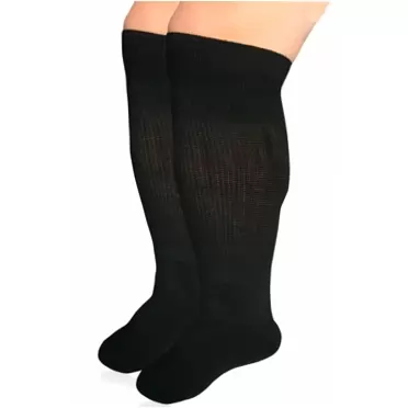 SYOLLAVE Extra Width Diabetic Socks for Lymphedema, Bariatric Non Binding Knee High Sock for Swollen Edema Cast Feet Mens and Womens Legs, Slouch Boot Socks 2 Pairs Black (2 Pairs)