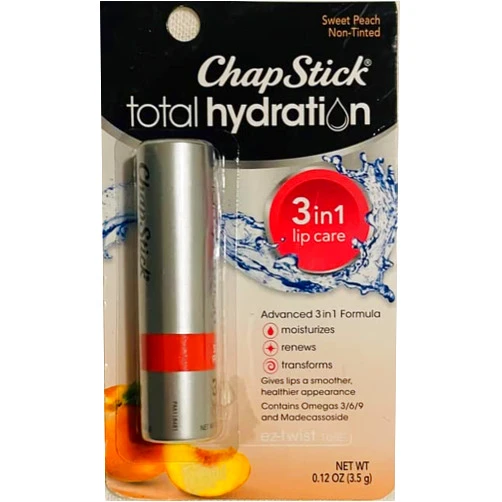 ChapStick Total Hydration Sweet Peach Lip Balm Tube, Triple Action Formula Hydrating Lip Care - 0.12 Oz