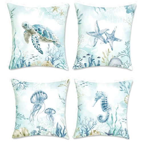Bonhause Coastal Blue Throw Pillow Covers 18 x 18 Inch Sea Turtle Seahorse Starfish Beach Decorative Pillow Cases Ocean Cushion Covers for Sofa Bed Home Decor Set of 4