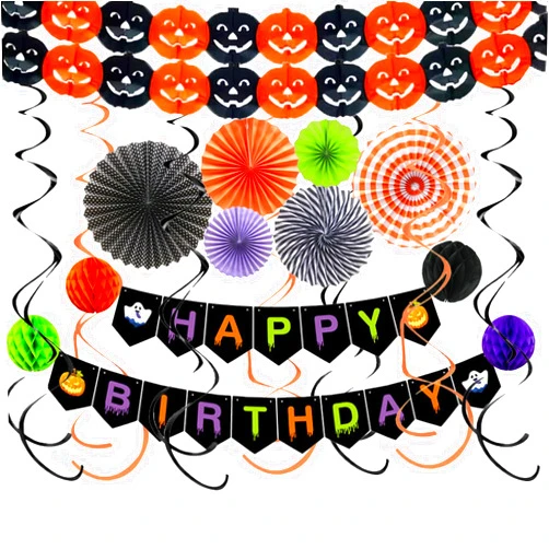 GBSAWER Halloween Party Decorations Happy Halloween Banner Black Orange Purple Green Paper Fans Pom Poms Swirl Streamers Pumpkin Garland for Halloween Ceiling Hanging Office Decorations ﻿