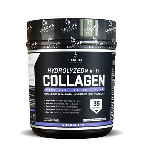 SASCHA FITNESS Hydrolyzed Multi Collagen Peptides Tipes 1,2 & 3 |Hyaluronic Acid|Biotin Cynatine HSN|Vitamin C & E |for Hairs, Skin & Bone Support|Chocolate Flavor