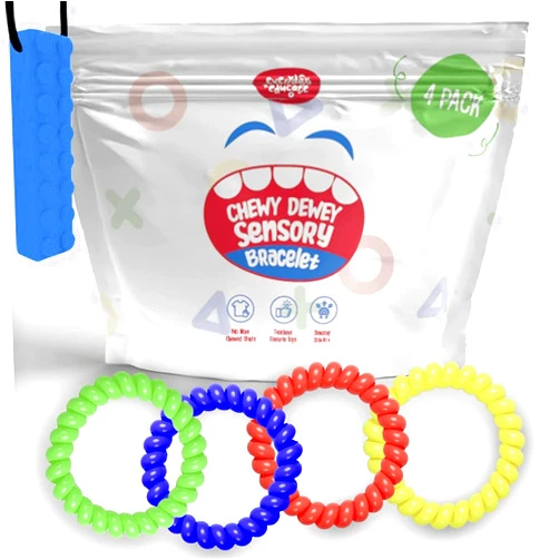 Everyday Educate Chew Necklaces Bracelets for Sensory Kids, Sensory Necklaces for Chewing Stretchy Coil Bracelet for Boys Girls Relieve Autism Anxiety ADHD, Oral Chew Toys for Sensory Kids Fidgeting (4 Pack)