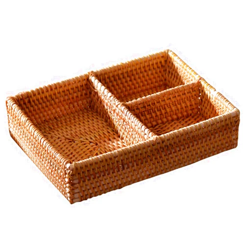 CPOVOS Rattan Storage Basket Desk Organizer 3- Compartment Wicker Organizer Tray Rattan Crate Decorative Cosmetics Holder Boxes Jewelry Storage Case for Ladies Countertop