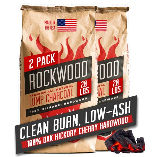 Rockwood Natural Lump Charcoal – Hardwood Lump Charcoal Blend of Oak, Hickory & Cherry for Clean Burn, High-Heat Grilling & Smoky Flavor Barbecue – Ideal for Kettle & Kamado Grills – 20lbs (2 Packs)