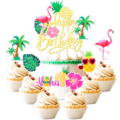 ZHUOWEISM 25 PCS Tropical Luau Cupcake Toppers with Happy Birthday Flamingo Cake Topper Palm Tree Flamingo Pineapple Aloha Cupcake Picks Decorations for Hawaiian Luau Theme Birthday Party Supplies