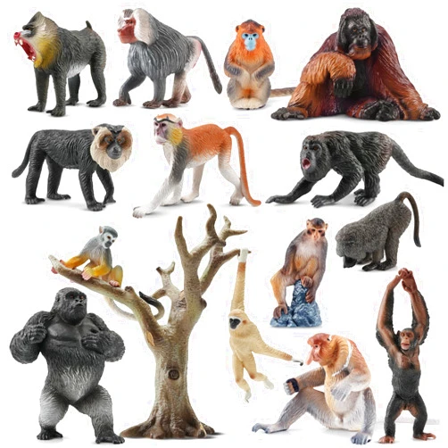 Toymany 15PCS Monkey Primates Figurines, Plastic Jungle Animals Set Included Tree Monkey Ape Tree Chimpanzee Gorilla Orangutan Toys for Kid Todllers
