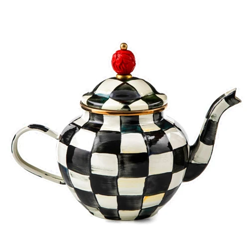 MACKENZIE-CHILDS Enamel Teapot, Cute Small Teapot with Lid, 4-Cup Capacity, Black-and-White Courtly Check