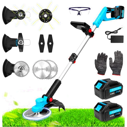 JXQXYN Electric Weed Wacker 3-in-1 Weed Eater Battery Powered,21V Cordless Weed Eater with Upgrade Brushless Motor, Dual 4.0Ah Batteries, Versatile 3 Blade Options for Lawn,Yard and Bush Trimming (Blue)