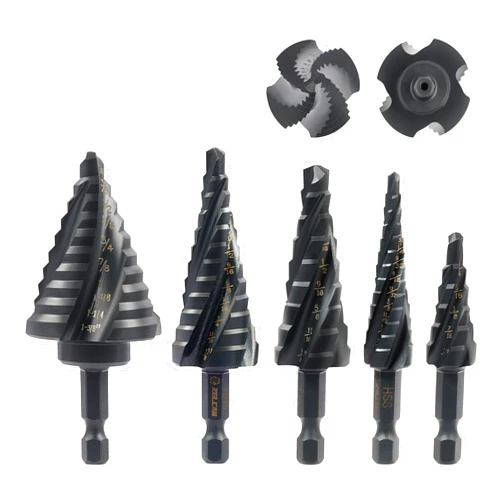 ZELCAN Step Drill Bit Set, 5PCS Four Spiral Flute Step Bits for Metal, 50 Sizes Titanium-Coated HSS Drill Bits with 1/4