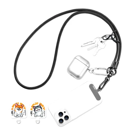 AOOMO Cell Phone Lanyard, Universal Adjustable Detachable Nylon Crossbody Lanyard,Necklace Lanyard & Wrist Strap with Phone Patch for All Smartphones-7mm Thick (Black, 120cm)