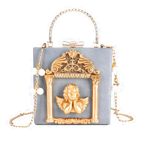 QZUnique Women Love Angel Floral Evening Bag Rose Embossed Formal Purse Clutch Black Gold Crossbody Pearl Chain Shoulder Bag