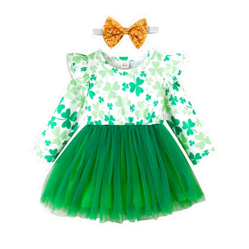 Noubeau Toddler Baby Girls St.Patrick's Day Outfits Long Sleeve Lucky Clover Print Tutu Skirts Tulle Dresses Spring Clothes