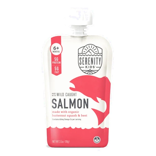 Serenity Kids 6+ Month Baby Food Puree Pouches with Wild Caught Salmon, Butternut Squash & Beet - Ethically Sourced Meat & Organic Veggies - 3.5 Oz BPA-Free - 12 Count