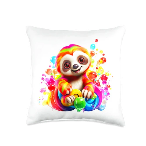 Sweet Sloth Creations Vibrant Rainbow Sloth Smiling with Colorful Candy Throw Pillow