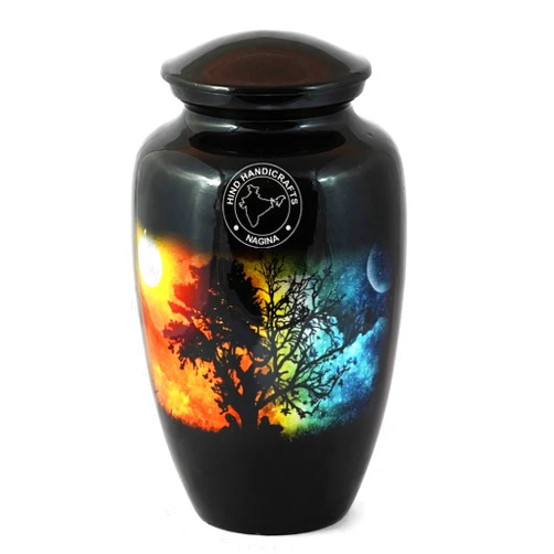 Hind Handicrafts Aluminium Cremation Urn for Human Ashes - Adult Funeral Urn Handcrafted - Affordable Memorial Urn for Ashes - Bag Included (Sun & Moon Night-1, 200 Cubic Inches)