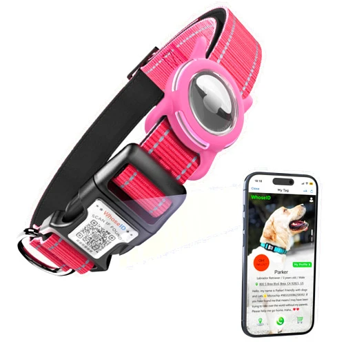 WhoseID Airtag Dog Collar with QR Code, Reflective Dog Collar with Airtag Holder, Soft Padded & Safety Locking Buckle Adjustable Dog Collar for Large Dogs (L-with Airtag Holder,Rose)