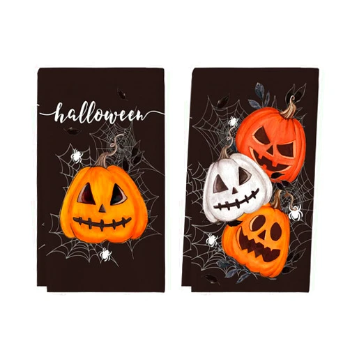 Artoid Mode Black Pumpkin Halloween Kitchen Towels Dish Towels, 18x26 Inch Spider Web Jack-O'-Lantern Decoration Hand Towels Set of 2