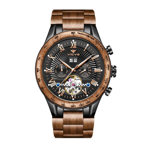 VICVS Natural Walnut Automatic Men's Wooden Watch Sports Date Day Multifunctional Automatic Wooden Watch