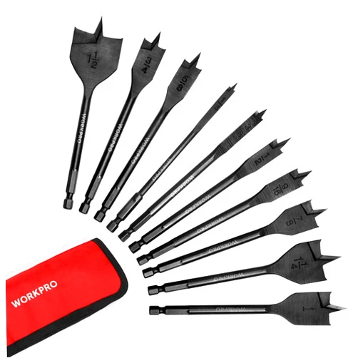 WORKPRO 10-Piece Pro Spade Drill Bit Set- Black Coating, Premium Carbon Steel, Paddle Flat Bits for Woodworking, Assorted Bits 1/4