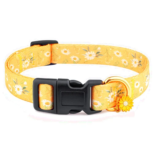 Liugjiau Cotton Handmade Dog Collar for Small Medium Large Dogs,Yellow Daisy with Pendant Cute Dog Collars (Medium)
