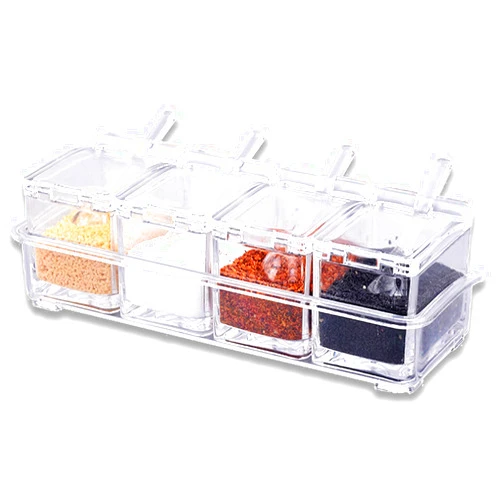 WAWW Clear Seasoning Rack Spice Pots Set of 4, Acrylic Seasoning Storage Container Spoon Lid - Kitchen Spice Holder Container Spice, Salt, Sugar, Cruet, 10.25 x 4.125 x 3.25 inch (W-SpicePot-4Hole)