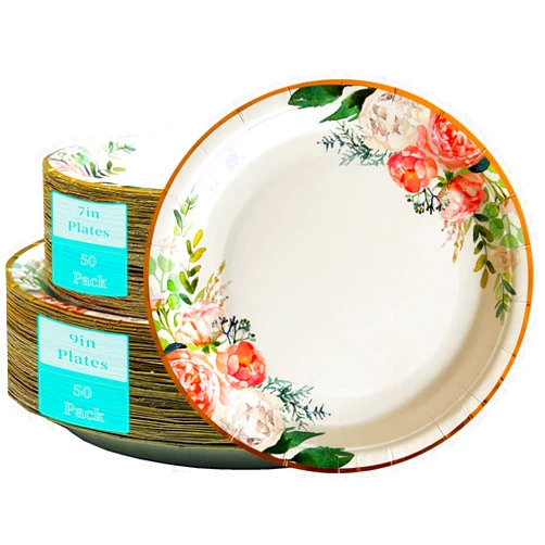 Hodooly Round Disposable Paper Plates 100pcs,Floral Dinner Plates, Disposable Party Supplies Paper Plates for All Occasions (7