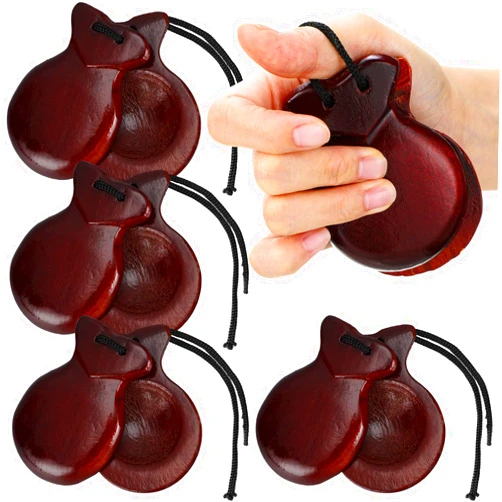 Libima 4 Pcs Spanish Castanets with String Traditional Flamenco Castanets for Adults Kids Wooden Hand Percussion Castanets Music Instrument for Beginners Spain Souvenir Gift(Brown)