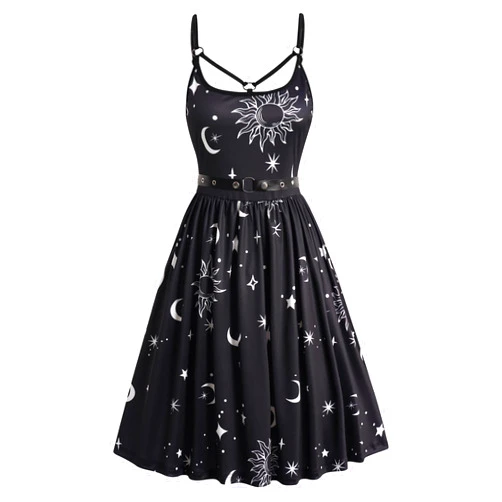 FEAPHY Women's Sun Moon Star Cami Dress Sleeveless Spaghetti Strap O Ring Cutout Flared Midi Dress