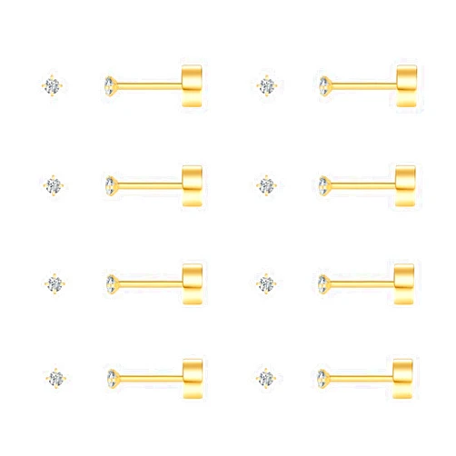 FOSIR 8 Pairs Tiny Flat Back Earrings for Women Men 14K Gold Plated Surgical Stainless Steel Stud Earrings Cubic Zirconia Cartilage Earring Hypoallergenic Piercing Jewelry, 2-4mm