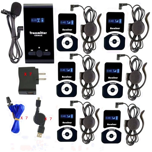 EXMAX ATG-100T 195MHz Wireless Tour Guide System Headsets Voice Transmission For Simultaneous Church Translation Translator Interpretation Equipment Teaching Conference Trip(1 Transmitter 6 Receivers)
