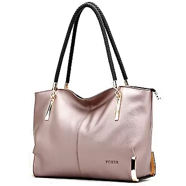 FOXER Large Leather Tote Handbags for Women, Ladies Top-handle Purse Shoulder Bags Rose Gold