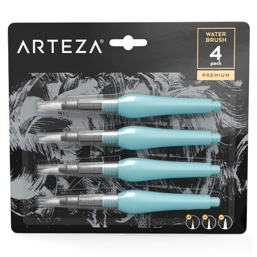 ARTEZA Water Brush Pen, Set of 4, Assorted Soft Nylon Bristle Tips, Self-Moistening Water Brush, Refillable Water Pen