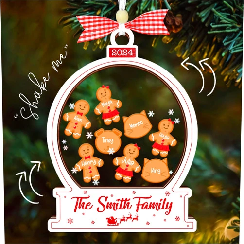 VINARTSVN Personalized Shaking Gingerbreads Christmas Ornament 2024 Family Member Name White Snow Globe Best Gift Idea Xmas Pet Love Dog Cat Snowflake Mom Dad Newborn Tree Decor Keepsake