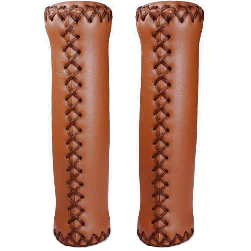 MARQUE Cruiser Bike Handlebar Grips - Brown Vinyl Leather Grips in 135mm with Hand-Stitched Seam for 22.2mm (7/8