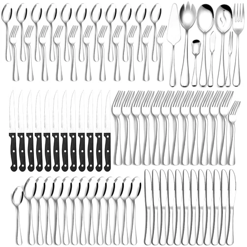 CEKEE 80 Pieces Silverware Set with Serving Utensils Set, CEKEE Stainless Steel Flatware Set for 12 with Steak Knives, Heavy Duty Cutlery Set, Kitchen Utensil Sets for Home Restaurant, Dishwasher Safe