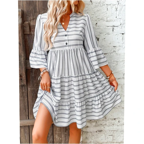 Neeno Women's Dresses Geo Print Flounce Sleeve Ruffle Hem Smock Dress Dress for Women(Multicolor,Medium)