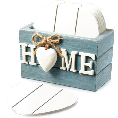 Patelai Set of 6 Wooden Heart Coasters House Warming Gifts New Home White Elephant Gifts for Adults Funny Farmhouse Coasters with Holder for Coffee Table Protection Decoration(Home,Blue)